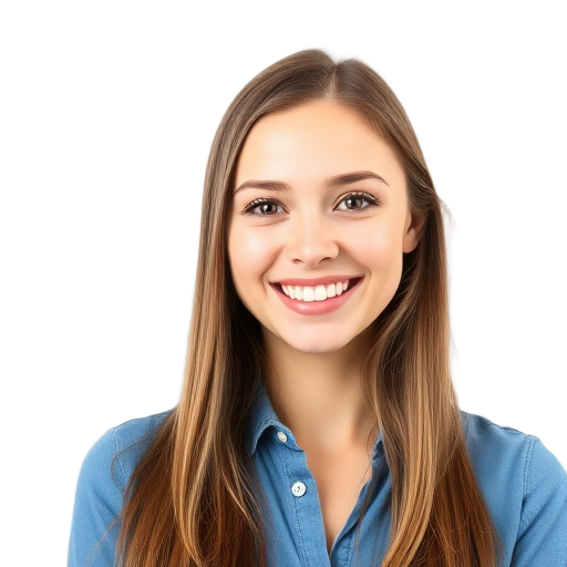 A smiling person with long hair against a white background.