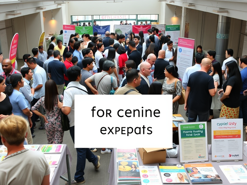 A bustling expat community event with informational booths.