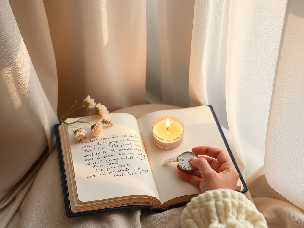 "soft pastel tribute scene" "open journal with gentle handwriting" "dried flowers and a lit candle" "calm sunlight through sheer curtains" "hands holding a small keepsake"