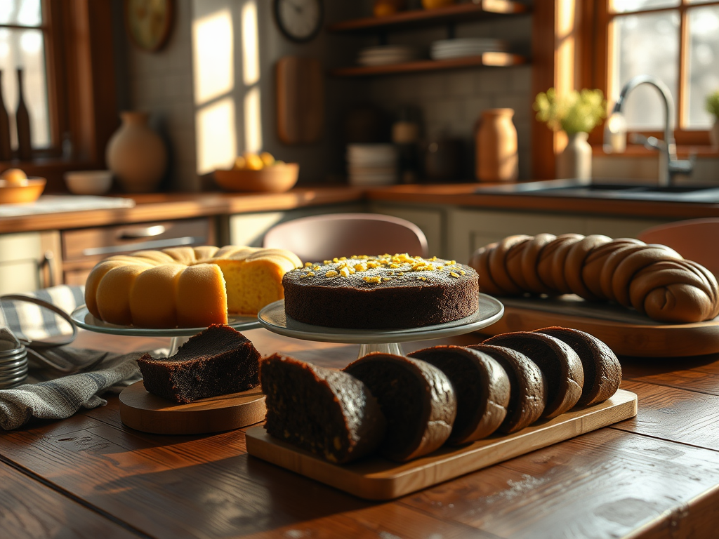 Gezellige keuken met citroentaart, brownies en chocolade babka.