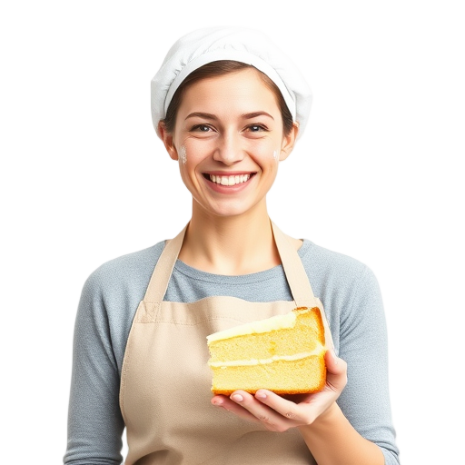 Een glimlachende persoon met een taart op een witte achtergrond.