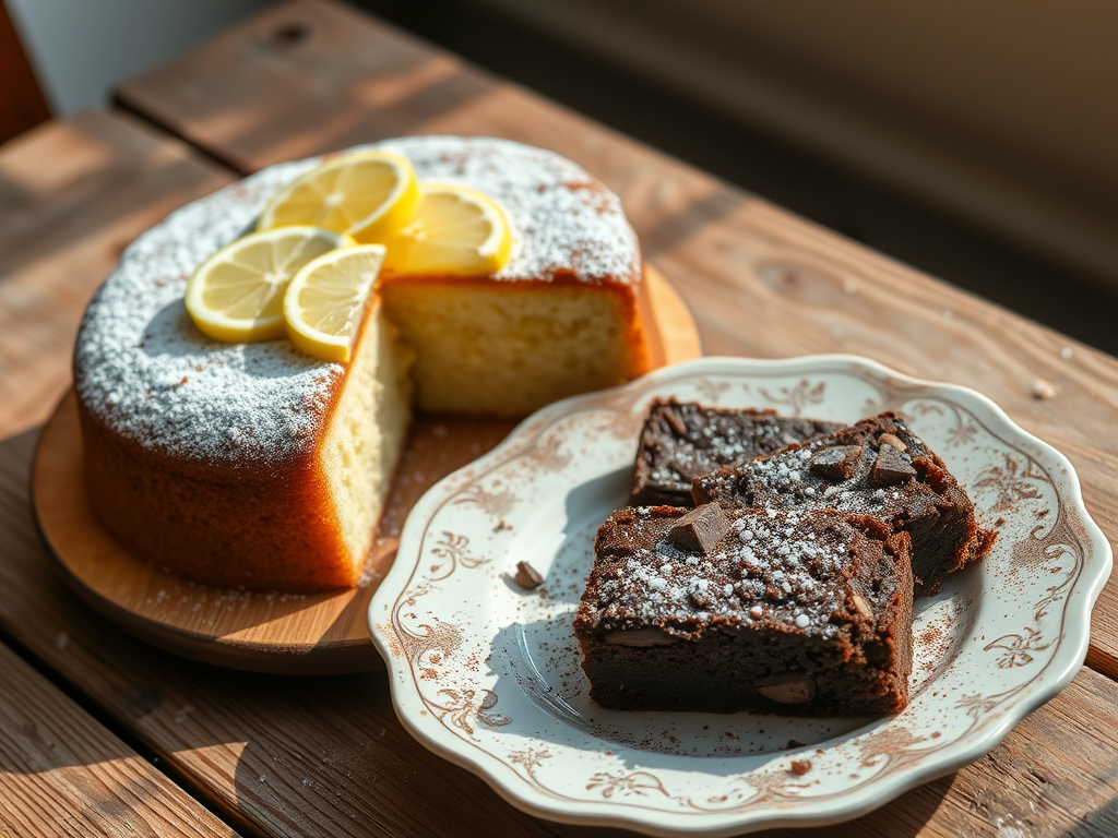 Lemoncake en brownies op een houten tafel.