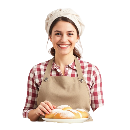 Een glimlachende persoon met een schort en broodjes.