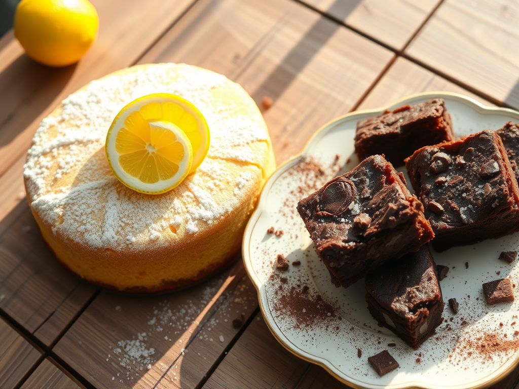 Lemon cake en brownies op een houten tafel.
