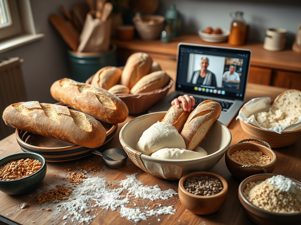"cozy kitchen table" with "baguettes and rustic sourdough loaves", "hands kneading dough" in a "bowl with flour scattered around", "various grains and flours in bowls", "video tutorial on laptop screen" with warm natural lighting.