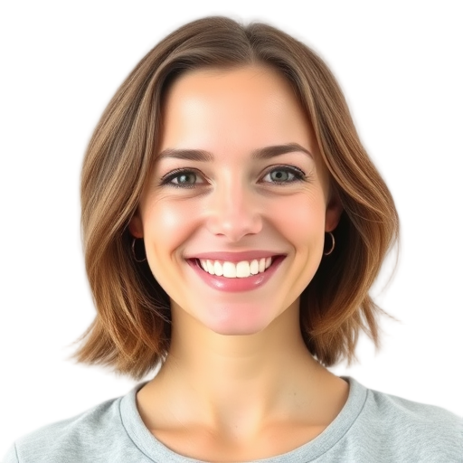 A smiling woman with light skin and short brown hair, "white background," "friendly expression," "casual clothing," "soft natural lighting."
