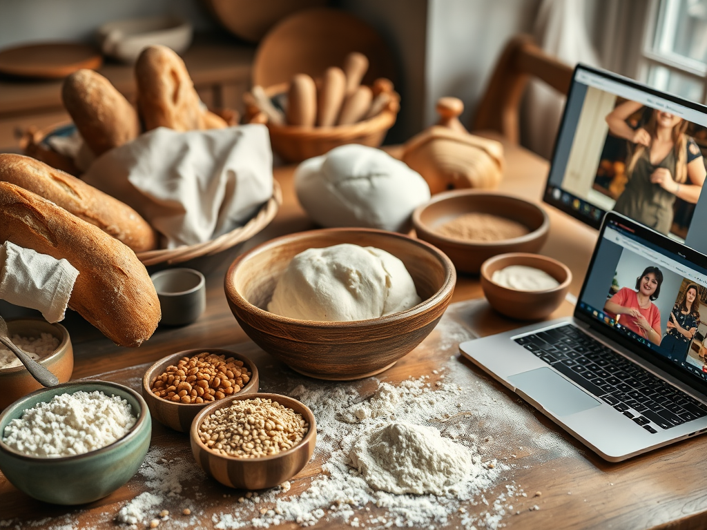 "cozy kitchen table" with "baguettes and rustic sourdough loaves", "hands kneading dough" in a "bowl with flour scattered around", "various grains and flours in bowls", "video tutorial on laptop screen" with warm natural lighting.