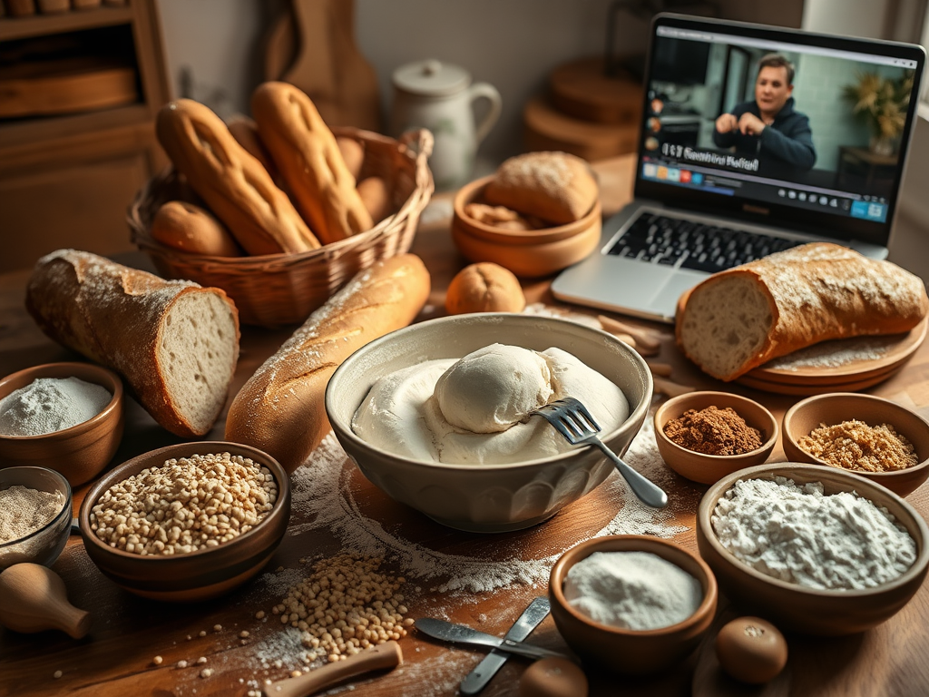 "cozy kitchen table" with "baguettes and rustic sourdough loaves", "hands kneading dough" in a "bowl with flour scattered around", "various grains and flours in bowls", "video tutorial on laptop screen" with warm natural lighting.