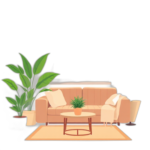 Gezellige huiskamer met planten en zachte verlichting.