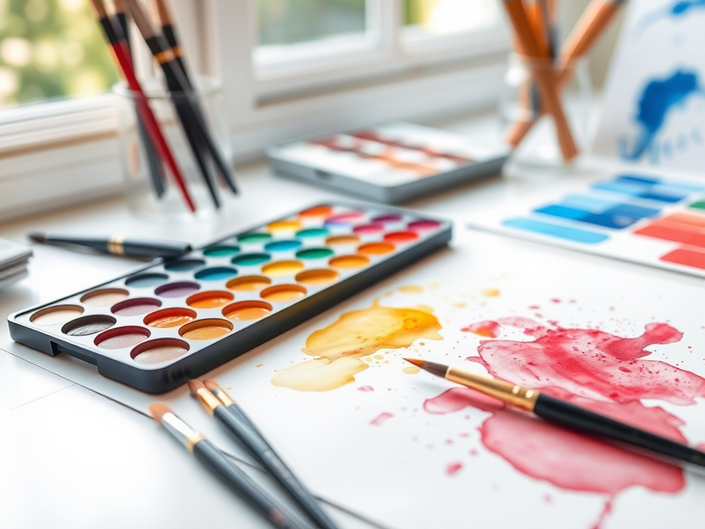 Een levendige aquarel palet met penseel en kleurspatten.