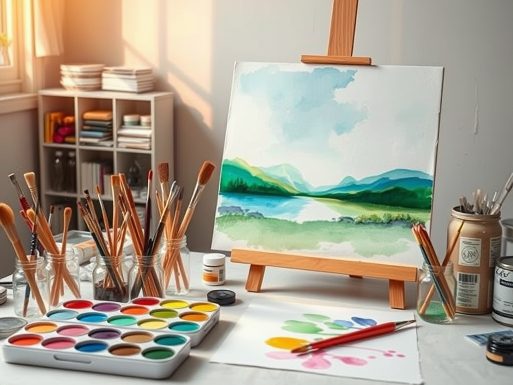 Een rustige kunstenaarswerkplek met aquarelverf en een canvas.