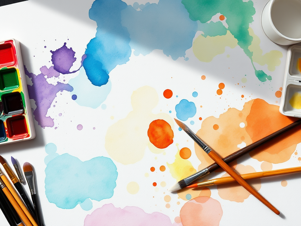 Een levendige aquarelpalet met kleuren en penseelstreken.