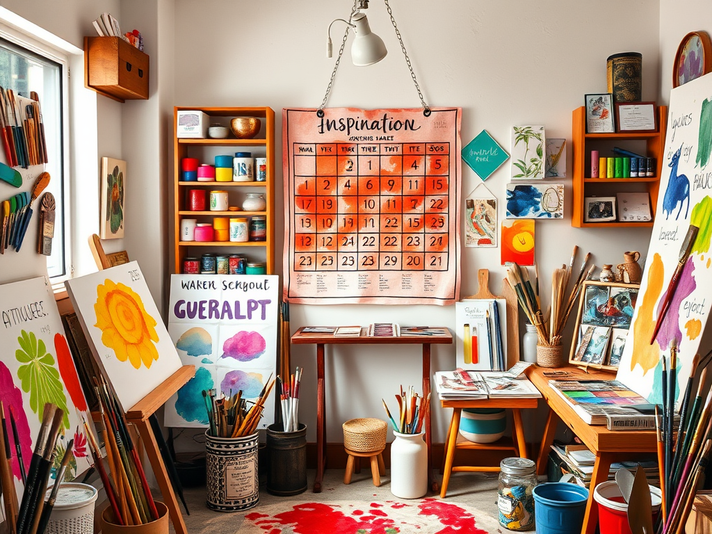 Een levendige kunstenaarsstudio vol met kleurrijke aquarellen.