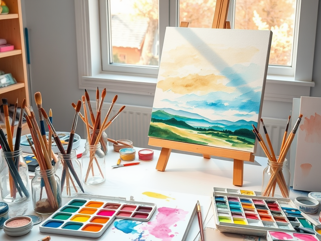 Een rustige werkruimte van een kunstenaar met aquarelverf.