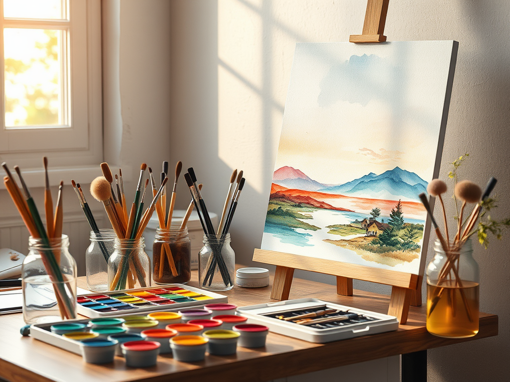 Een serene kunstenaarswerkplek met aquarelverf en een canvas.