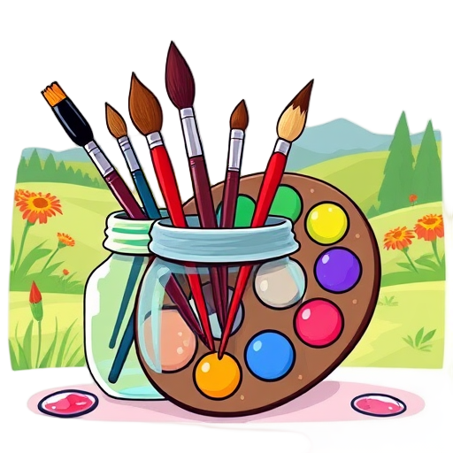 Kleurrijke aquarelpalet en penselen in een pot.