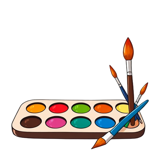 Aquarelpalet met penseel en levendige kleuren.