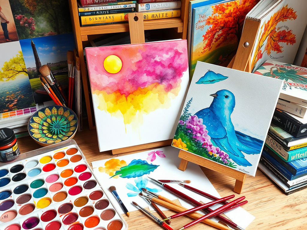 Een kunstenaarswerkplaats met aquarelverf en inspiratieboeken.