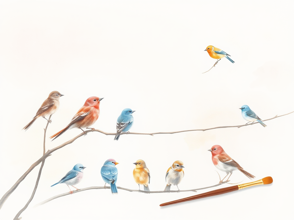 "ten delicate watercolor birds" "soft pastel background" "artist's brush and palette" "gentle natural light" "calm, inspiring creative atmosphere"