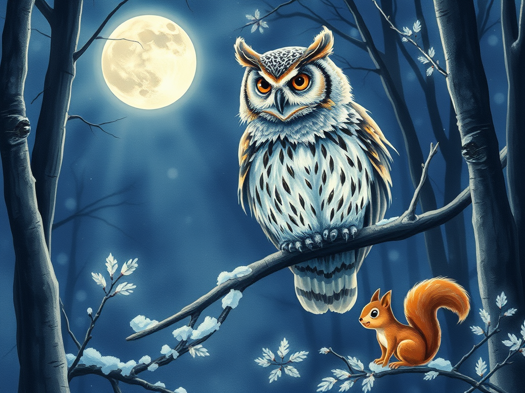 "A serene night forest scene" with "a detailed watercolor owl perched on a branch," "expressive eyes," "soft glowing moonlight," and "a lively squirrel in winter foliage," capturing creativity and tranquility.