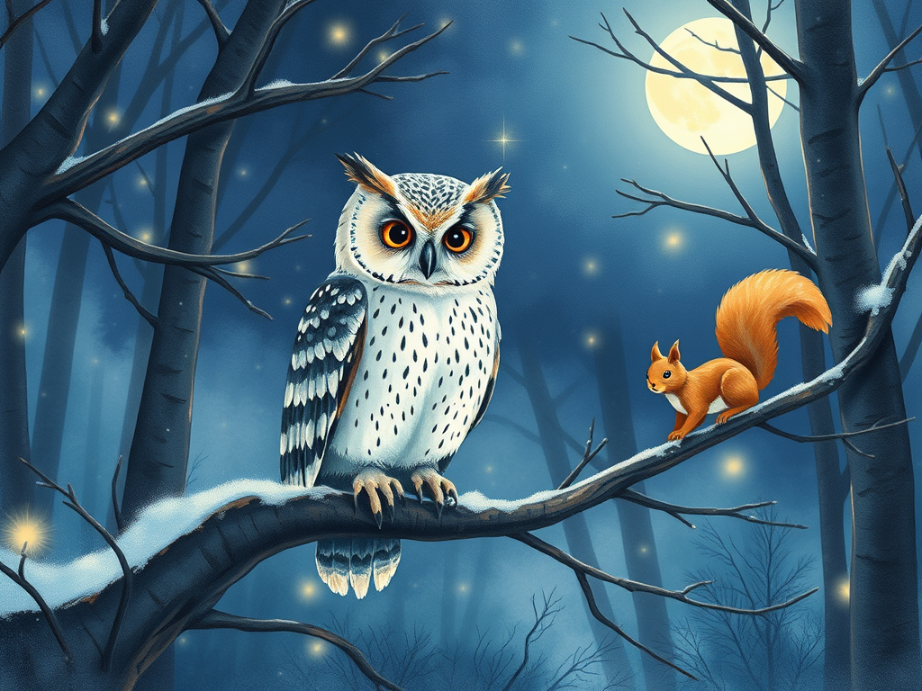 "A serene night forest scene" with "a detailed watercolor owl perched on a branch," "expressive eyes," "soft glowing moonlight," and "a lively squirrel in winter foliage," capturing creativity and tranquility.
