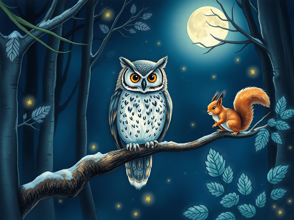 "A serene night forest scene" with "a detailed watercolor owl perched on a branch," "expressive eyes," "soft glowing moonlight," and "a lively squirrel in winter foliage," capturing creativity and tranquility.
