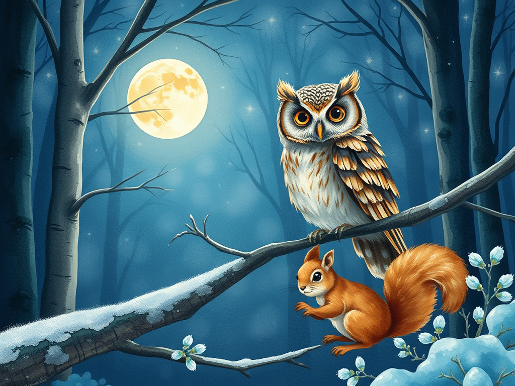 "A serene night forest scene" with "a detailed watercolor owl perched on a branch," "expressive eyes," "soft glowing moonlight," and "a lively squirrel in winter foliage," capturing creativity and tranquility.