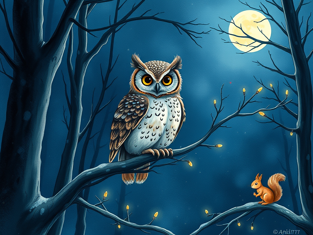 "A serene night forest scene" with "a detailed watercolor owl perched on a branch," "expressive eyes," "soft glowing moonlight," and "a lively squirrel in winter foliage," capturing creativity and tranquility.