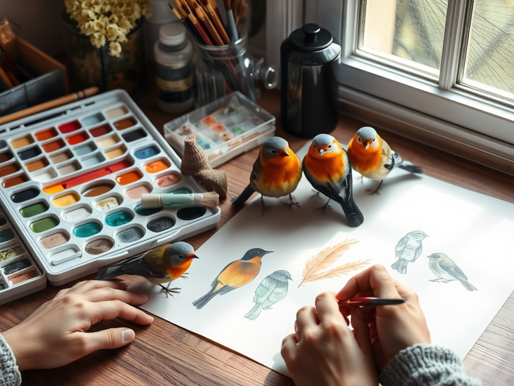"a serene workspace" with "a watercolor palette and brushes," "five delicate Dutch birds perched nearby," "soft natural light illuminating paper with bird outlines," "gentle hands painting vibrant feathers," "calm, creative atmosphere"