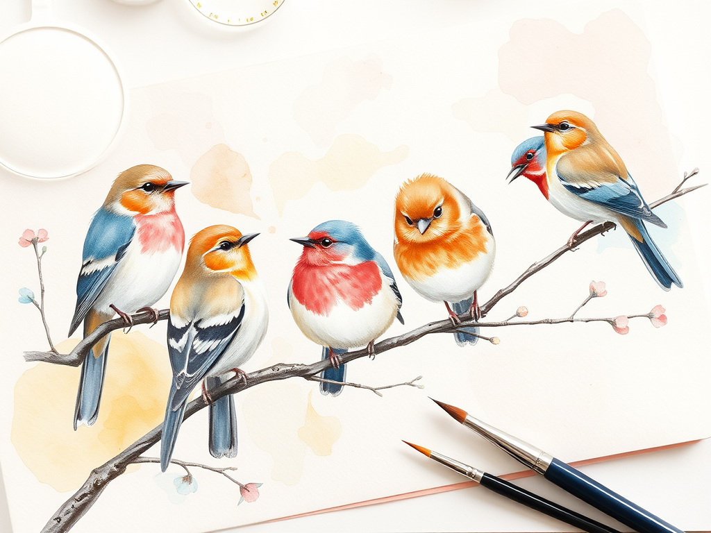 "A delicate watercolor painting palette" with "five distinct Dutch birds perched on branches" surrounded by "soft, flowing watercolors in pastel hues" and "paintbrushes lying nearby."