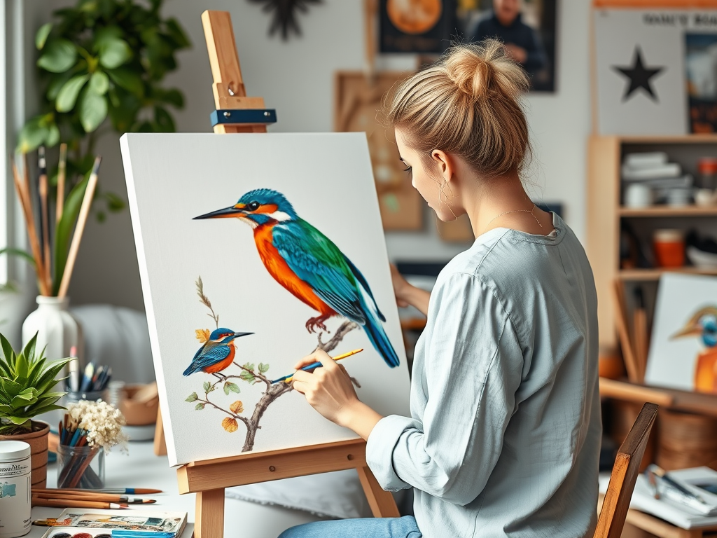 "a woman painting vibrant birds on canvas" "robin, kingfisher vividly detailed" "step-by-step art supplies around" "calm cozy studio with natural light"
