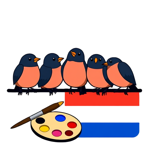 "five birds" "aquarelle brush" "video play" "paint palette" "Dutch flag"
