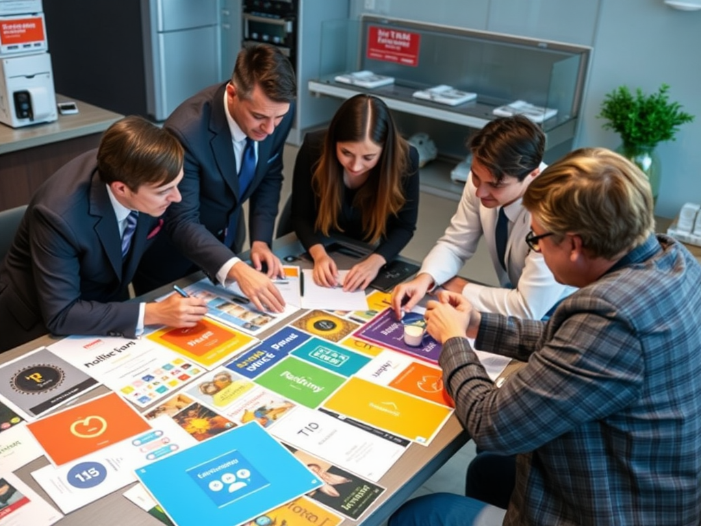 Een professioneel team bespreekt kleurrijke merkmaterialen aan tafel.