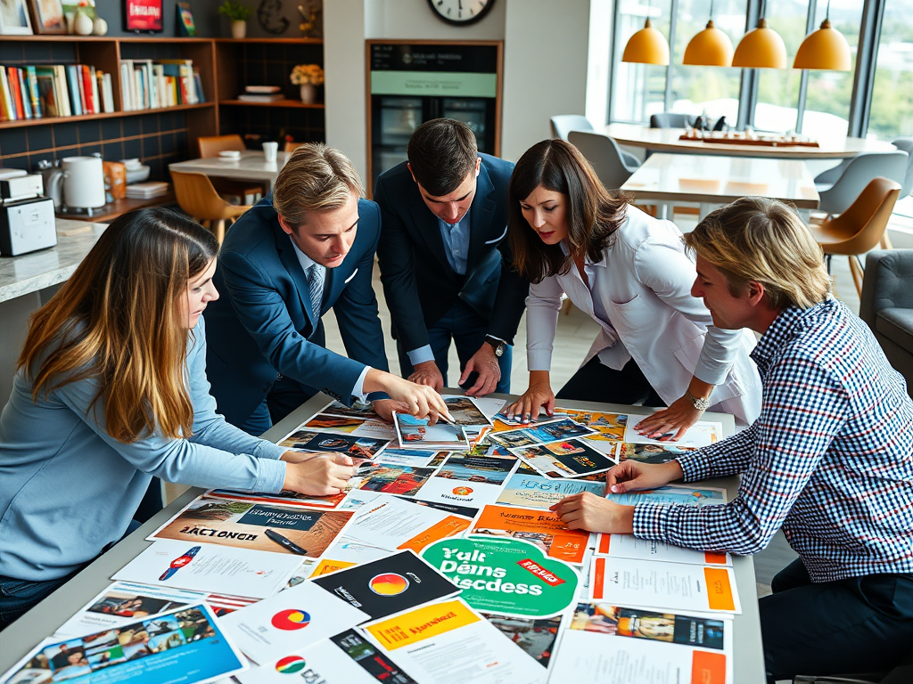 Een professioneel team overlegt aan een tafel met brandingmateriaal.