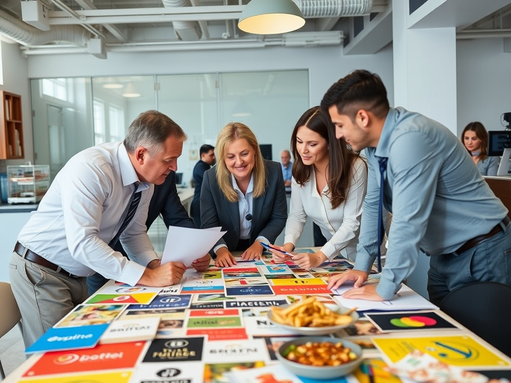 Een professioneel team overlegt aan een tafel vol brandingmaterialen.