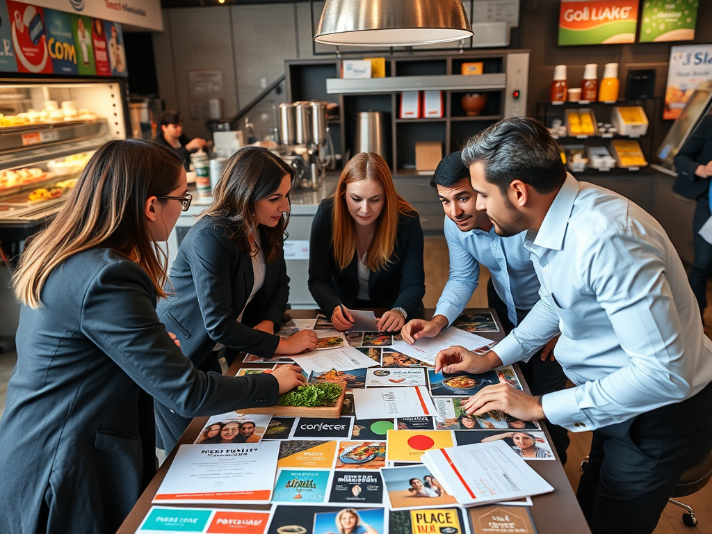 Een professioneel team overlegt aan een tafel met brandingmaterialen.