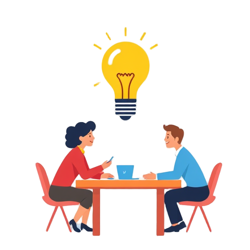 Twee mensen brainstormen met een lichtbulb boven hen.