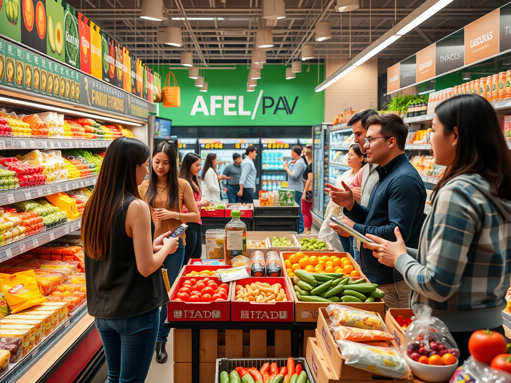 Een levendige supermarkt met diverse voedselproducten en shoppers.