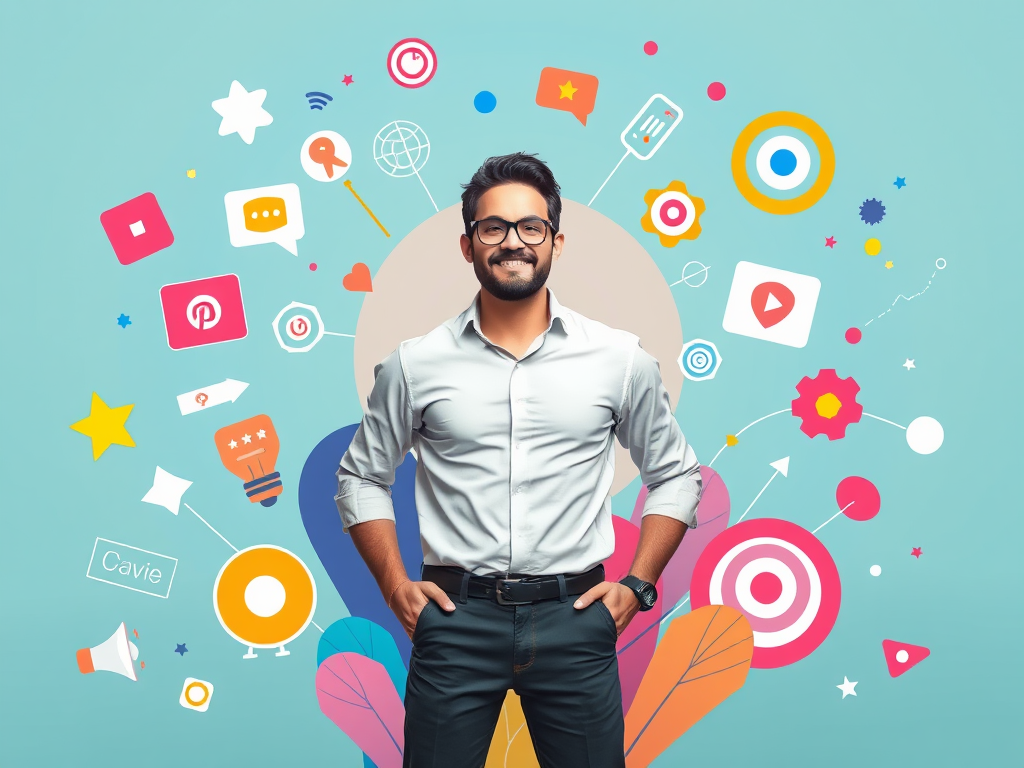 Zelfverzekerde ondernemer met branding- en communicatie-symbolen