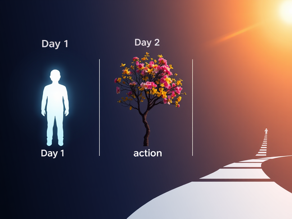 A three-part visual timeline, "Day 1 focus" with a glowing human silhouette, "Day 2 growth" shows a blooming tree with vibrant colors, "Day 3 action" depicts dynamic footsteps moving forward on a bright path.