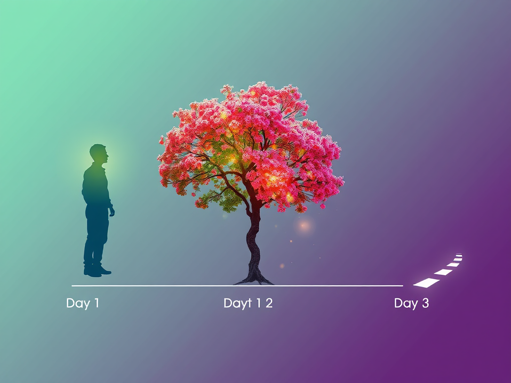 A three-part visual timeline, "Day 1 focus" with a glowing human silhouette, "Day 2 growth" shows a blooming tree with vibrant colors, "Day 3 action" depicts dynamic footsteps moving forward on a bright path.