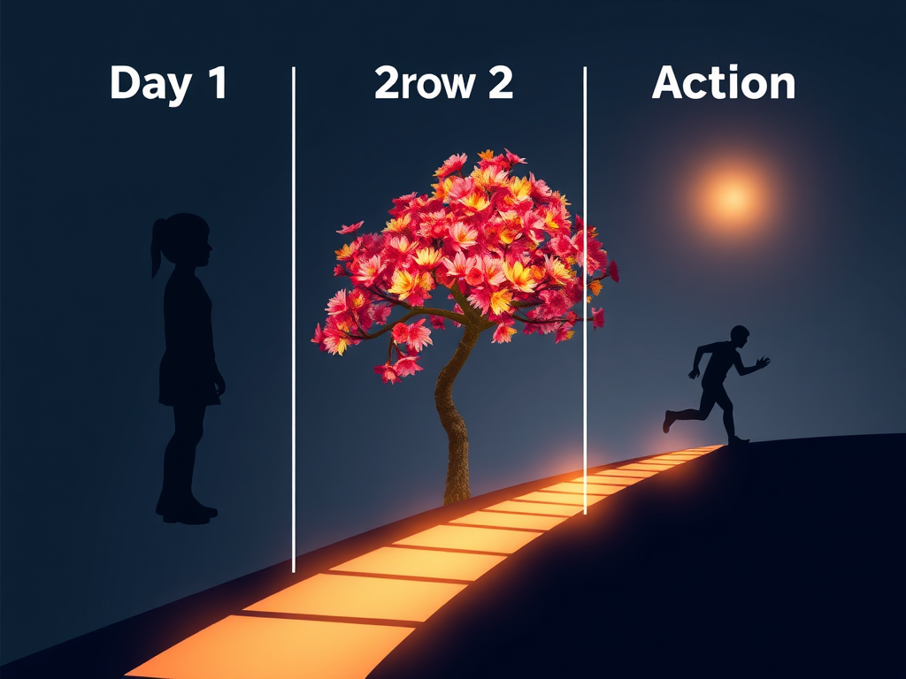 A three-part visual timeline, "Day 1 focus" with a glowing human silhouette, "Day 2 growth" shows a blooming tree with vibrant colors, "Day 3 action" depicts dynamic footsteps moving forward on a bright path.