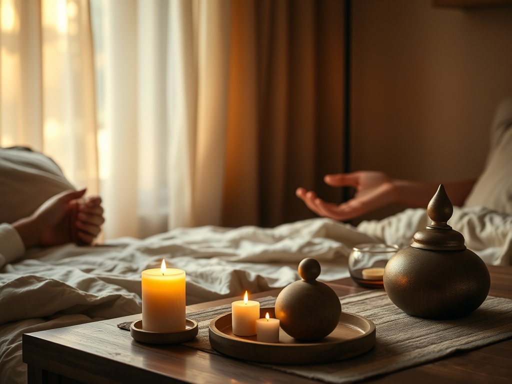 "serene candlelit bedside" "gentle hand holding another" "soft golden light filtering through sheer curtains" "calm symbolic ritual objects on wooden table" "muted earthy color palette"
