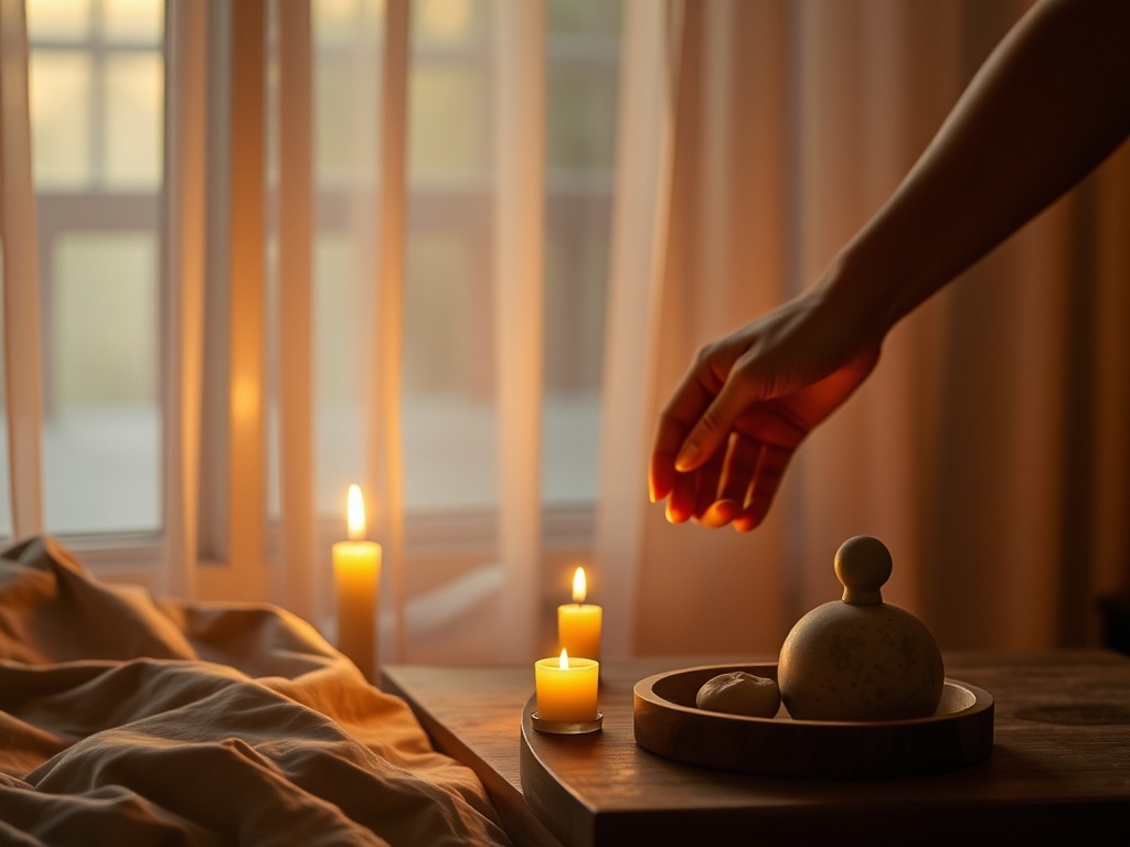 "serene candlelit bedside" "gentle hand holding another" "soft golden light filtering through sheer curtains" "calm symbolic ritual objects on wooden table" "muted earthy color palette"