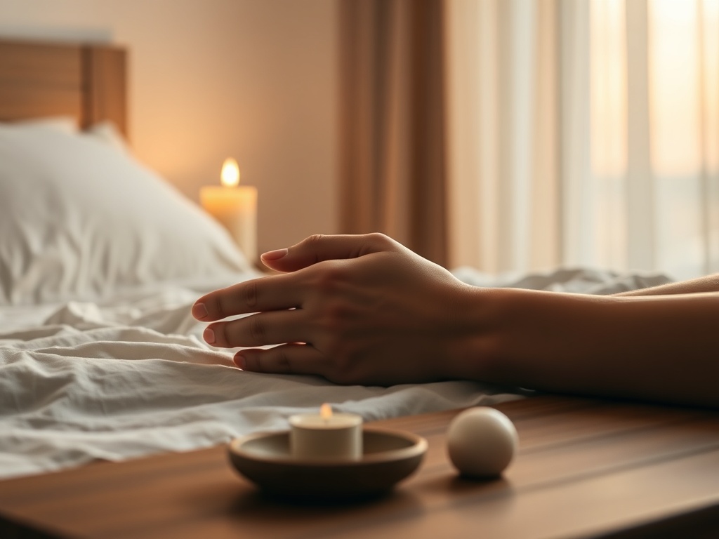 "serene candlelit bedside" "gentle hand holding another" "soft golden light filtering through sheer curtains" "calm symbolic ritual objects on wooden table" "muted earthy color palette"