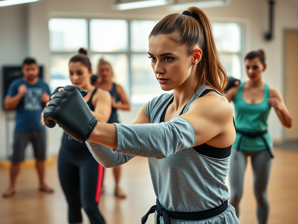 Een vastberaden vrouw oefent zelfverdediging in een studio.