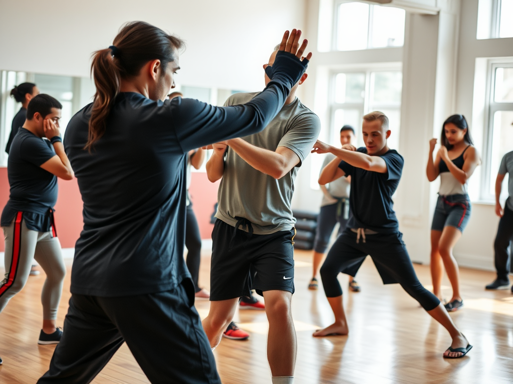 Een diverse groep mensen oefent zelfverdediging in een lichte gym.