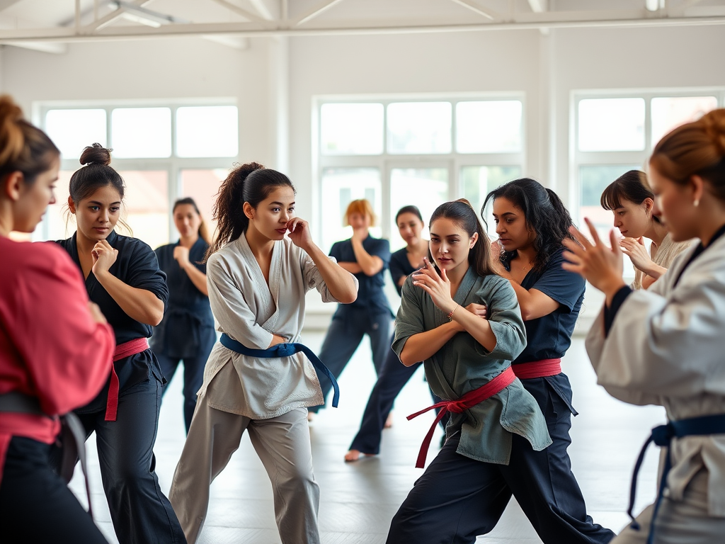 Een diverse groep vrouwen die zelfverdedigingstechnieken oefent in een dojo.