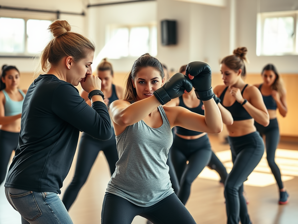 Vrouwengroep oefent zelfverdediging in een zonnige sportschool.