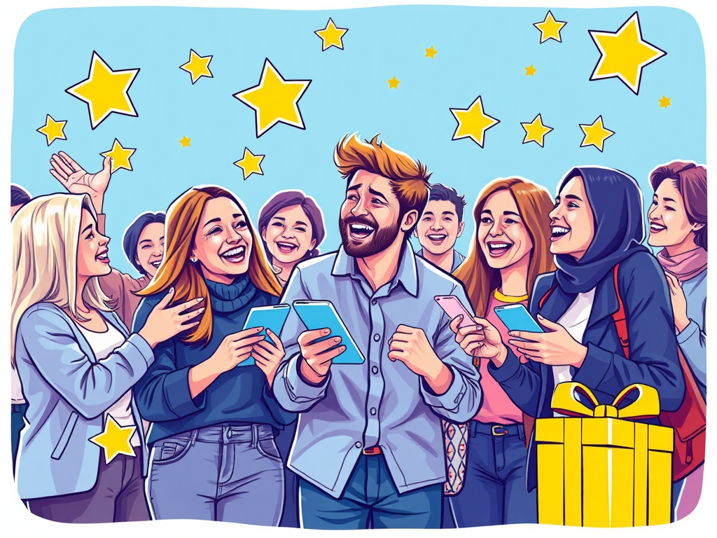 Blije klanten delen producten omringd door sterren en cadeaus.